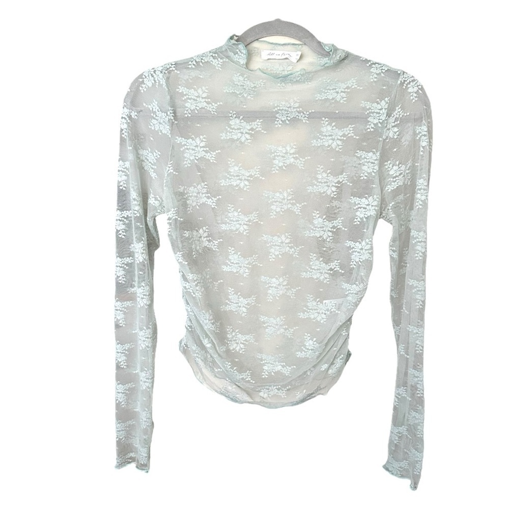 ALL IN FAVOR Sheer‎ Mesh Floral Top Powder Blue Long Sleeve Whimsical Y2K Medium